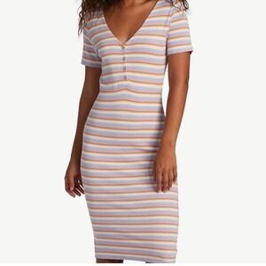 Roxy Juniors XL Bring It In Striped‎ Dress 2YK Style Buttoned Midi Ribbed V Neck